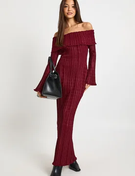 Womens Textured Bardot Maxi Dress - Wine - Size 14 Uk - Boohoo - FashionsVida