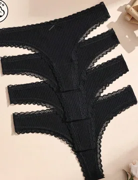 Piezas de bragas tipo tanga de algodón negro con patchwork de encaje y lazo, ropa interior elástica y cómoda para mujer - Shein - FashionsVida