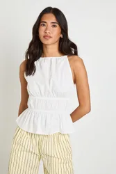 Womens Poplin Tiered Peplum Top - White - Size 6 Uk