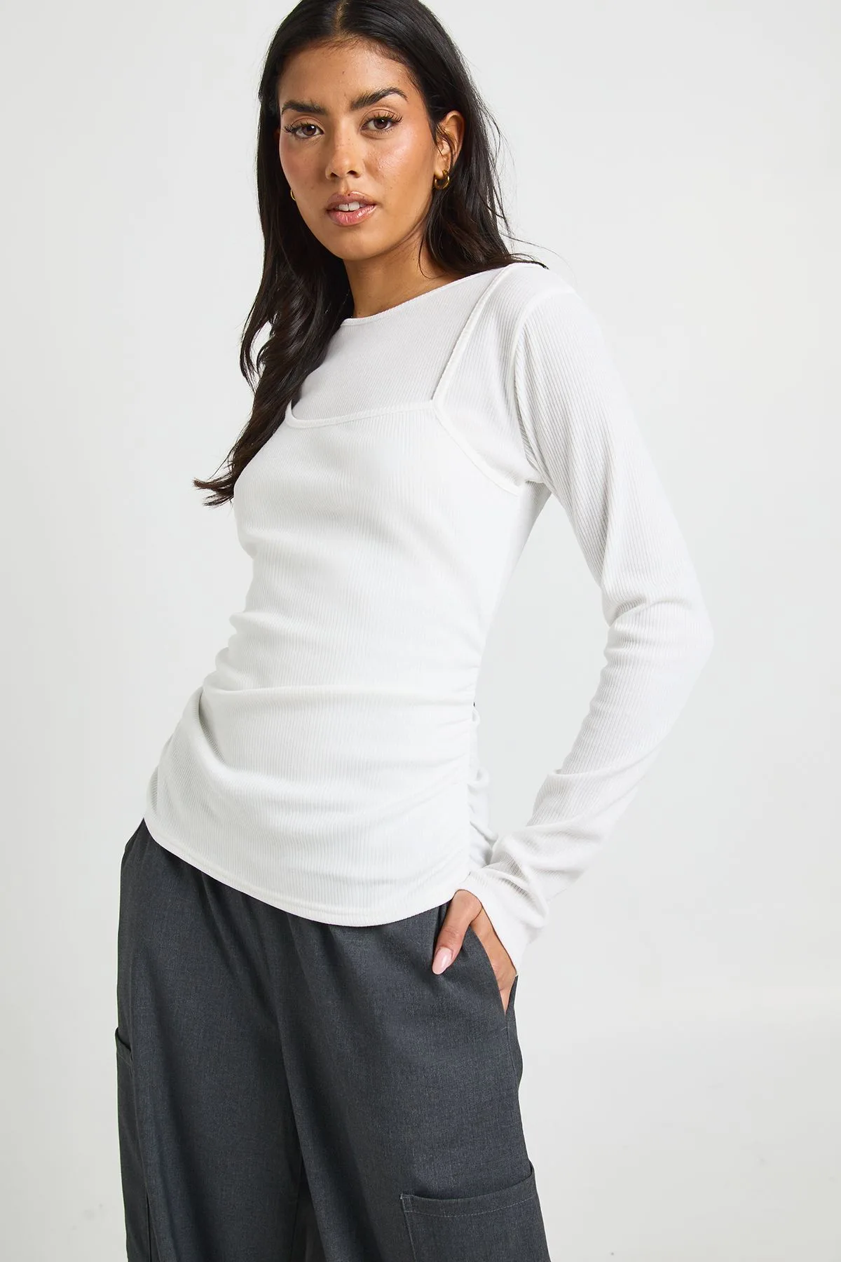 Womens Vest Double Layer Long Sleeve Top - White Elastane - Size 6 Uk - Boohoo - FashionsVida