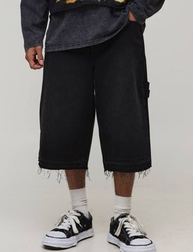 Herren Abgelassener Saum Doppelte Zimmermann-Schlaufen Überfärbte Jeans Hosen-Shorts Washed Black Größe 34