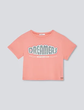 T-shirt cropped corallo con scritta Dreamers in strass 8-16 anni - Liujo - FashionsVida