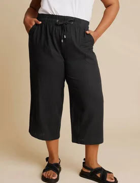 Women's Linen Cropped Trousers in Black Size: 20 - Black - Size: 20 - Yours - FashionsVida