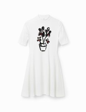 Robe patineuse courte plante, Viscose, Blanc, M