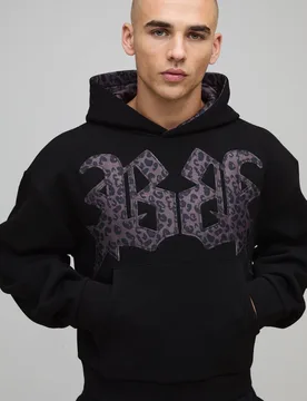 Men's Oversized Shrunken Boxy Leopard Print Applique Hoodie Black Size Large Black L - boohooMAN - FashionsVida