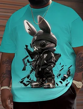 Camiseta de hombre talla grande con estampado 3D de conejo, de tela de punto de poliéster, cuello redondo, ajuste casual, diseño gráfico novedoso - Shein - FashionsVida