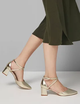 Women's Good For The Sole: Wide Fit Millie Comfort Faux Metallic Leather Cross Strap Medium Heel Court Shoes in Gold Size: 7 - Gold - Size: 7 - Dorothy perkins - FashionsVida