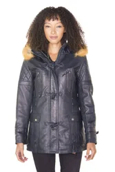 Quilted Leather Parka Jacket-Brussels - Navy - Size: 8