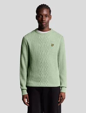 Mens Ribbed Cable Knit Jumper - Blue - Mint Wool - Size Medium - Lyle & Scott - FashionsVida