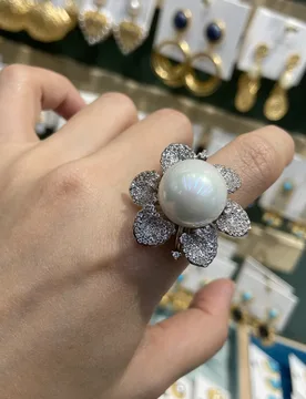 White zirconia flower open ring for women elegant sweet jewelry big artificial pearl ring - Aliexpress - FashionsVida