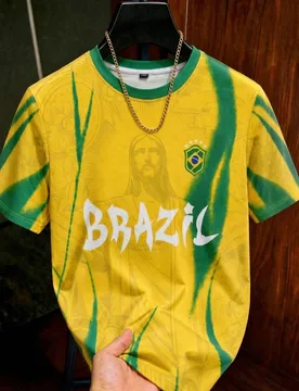 Camiseta de manga corta con tema de Brasil, jersey deportivo casual para hombres, top casual de cuello redondo para fans - Shein - FashionsVida
