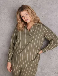 Modal Rich Striped Collared V-Neck Shirt Khaki female