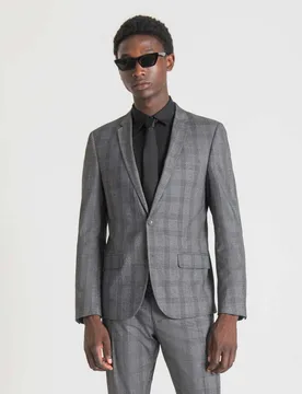 Blazer Principe di Galles grigio in tessuto stretch con chiusura monopetto - Antony Morato - FashionsVida