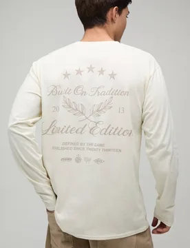 Men's Regular Built On Tradition Tonal Print Long Sleeve T-Shirt Ecru Size Large Ecru L - boohooMAN - FashionsVida