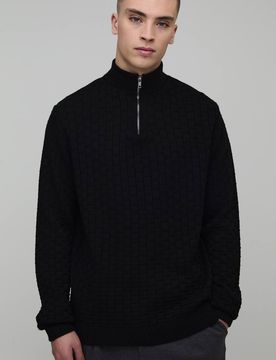 Herren Regular Fit Geo-Strick 1/4 Reißverschluss Pullover Black Größe Medium