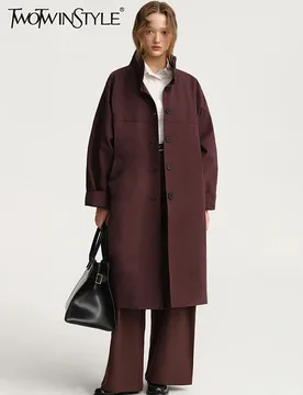 TWOTWINSTYLE Solid Casual Trench For Women Stand Collar Long Sleeve Patchwork Single Breasted Temperament Long Coats Female New - Aliexpress - FashionsVida
