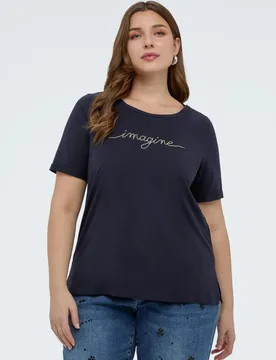 Camiseta de mujer de algodón con letras de cristal bordado - Fiorella Rubino - FashionsVida