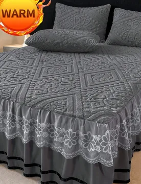 Juego de ropa de cama de 3 piezas de estilo europeo de lujo (1 falda de cama + 2 fundas de almohada) de franela gruesa y cálida para otoño/invierno, - Shein - FashionsVida