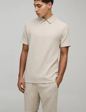 Men's Slim Fit Ribbed Jersey Polo & Shorts Set Stone Size X-Large Stone XL - boohooMAN - FashionsVida