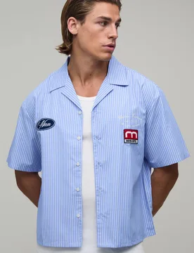 Herren Übergroßes Kastenförmiges Hemd Mit Streifenaufnähern Und Halben Ärmeln Blue Größe XL - boohooMAN - FashionsVida
