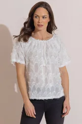 Short Sleeve Feather Design Tassel Top - Ivory - Size: 14