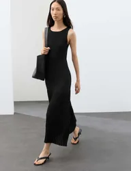 Knitted Ribbed Pleated Maxi Dress Black female