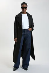 Wool Tailored Flared Skirt Midi Coat - Black - Size: 14