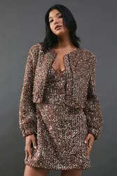 Sequin Boucle Cardigan Bomber Jacket - Brown - Size: 8