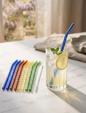Set di cannucce in vetro con spazzolino per la pulizia 9 pack - multicolor
