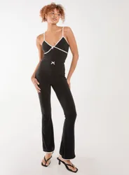 Womens High Waisted Bow Detail Piping Flares - Black - Size Large