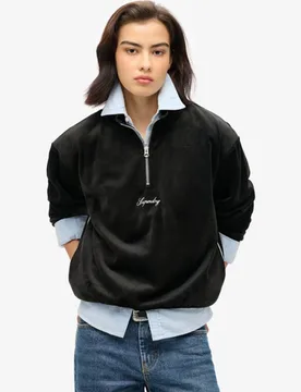 Superdry Damen Country Club Velours-oberteil mit Halblangem Reißverschluss Schwarz - Größe: 38 - 89.99 - FashionsVida