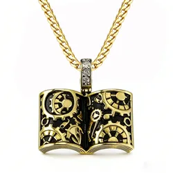 VANAXIN Punk Retro Book Pendant Necklace Engraved Female Brass 14k Gold Plated Jewelry for Men Library Souvenirs Unique Gifts