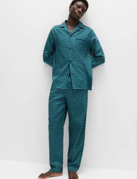 Pure Cotton Geometric Print Pyjama Set Green Mix male - M&S - FashionsVida
