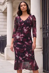 Women's Ruched Floral Frill Dress in Black Size: 12 - Black - Size: 12