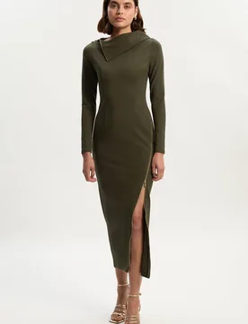 Women's Ponte Envelope Neck Dress With Zip Split Detail in Khaki Size: XS - Khaki - Size: XS - Karen millen - FashionsVida