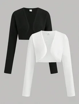 Chaquetas para niñas y adolescentes 2 piezas Otoño/Invierno Nueva de punto unicolor negro blanco ajustada casual corta manga larga Compra 1 Obtén 1 - Shein - FashionsVida