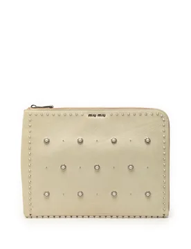 Faux Pearl Studded Leather Clutch - Miu Miu - FashionsVida