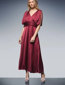 Hotfix Detail Ruched Bodice V Neck Midi Dress - Wine - Size: 12 - OASIS - FashionsVida