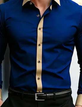 Pieza Camisa de manga larga para hombre estilo urbano retro universitario, de tela tejida lisa color azul real, con patchwork de dos colores, suave y - Shein - FashionsVida