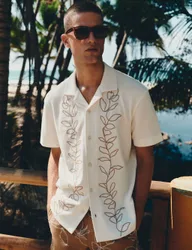 Pure Cotton Embroidered Short Sleeve Shirt Ecru male