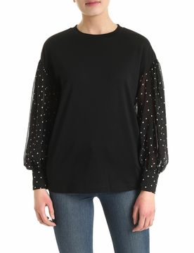 Blusa nera con quadri bianchi sulle maniche