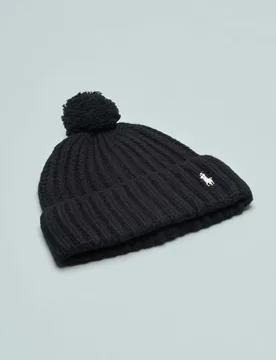 Berretto nero a coste in misto lana con pompon e logo ricamato a contrasto sul risvolto - Ralph Lauren - FashionsVida