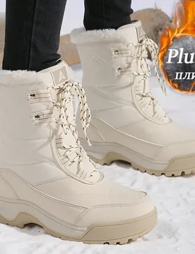 Botas de nieve de invierno para mujer, de moda, hasta la pantorrilla, para deportes al aire libre, con cordones, antideslizantes, cálidas, con forro - Shein - FashionsVida