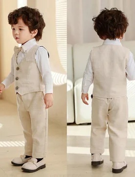 Conjunto de traje formal de 4 piezas estilo caballero para niños, camisa de manga larga, chaleco, pantalones, pajarita, atuendo para la temporada de - Shein - FashionsVida