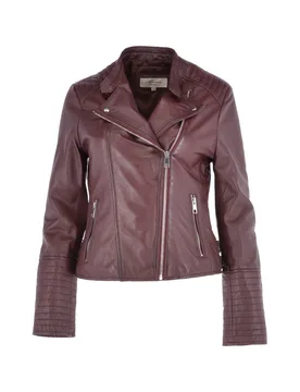 Women's 'Casey' Real Leather Biker Jacket in Burgundy Size: 12 - Burgundy - Size: 12 - Ashwood Leather - FashionsVida