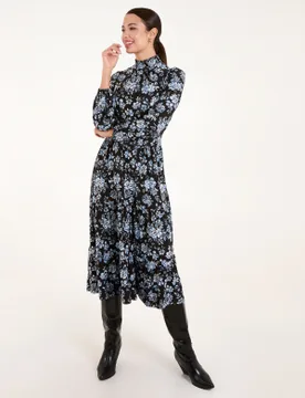 Womens High Neck Shirred Floral Midi Dress - Size Small - Blue Vanilla - FashionsVida