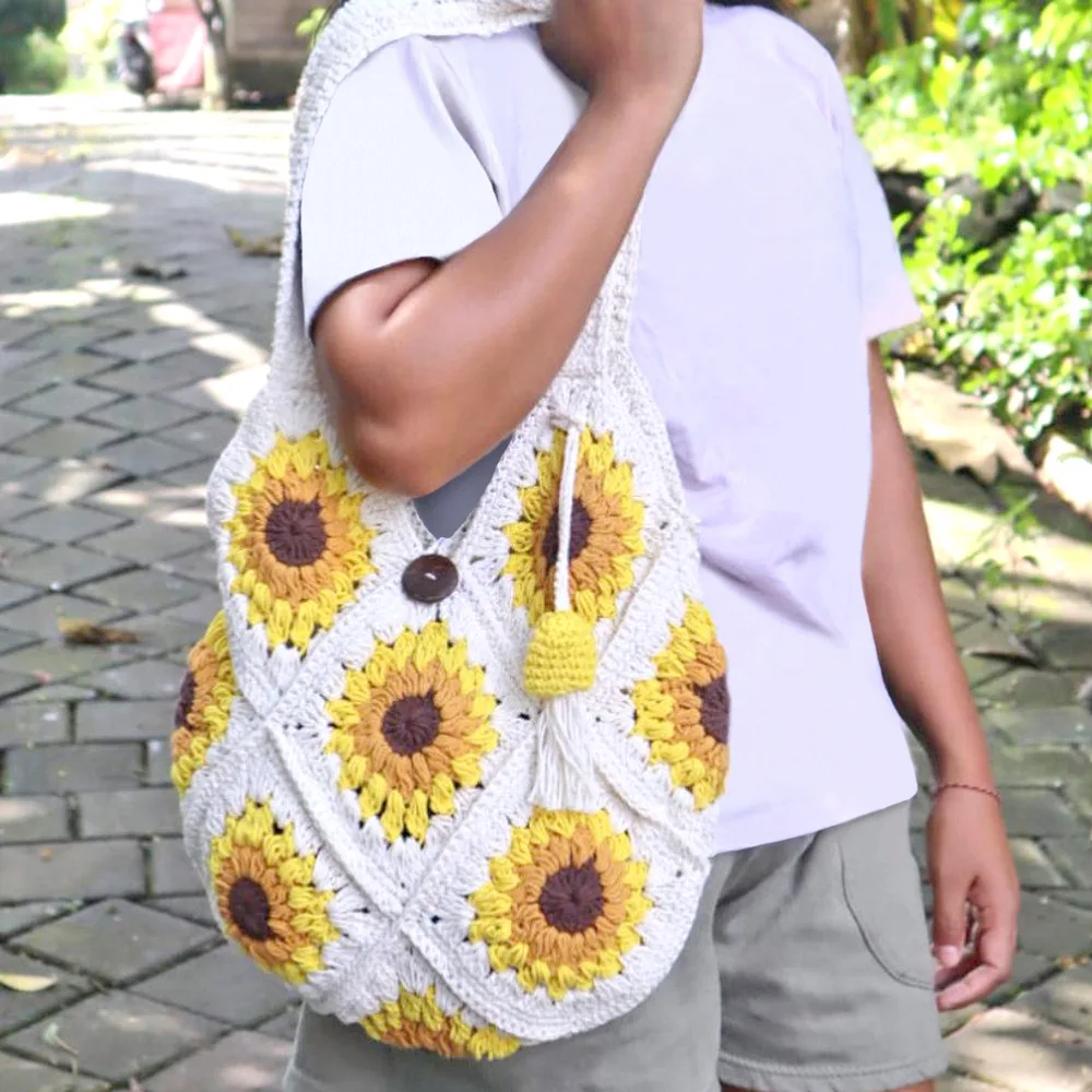 Crochet Sunflower Shoulder Tote Bag - Natural Collection Select - FashionsVida