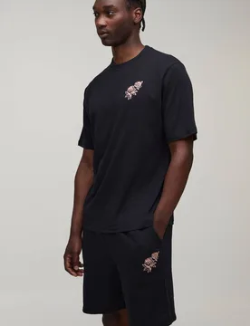 Men's Tall Regular Fit Rose Embroidered T-Shirt & Regular Fit Short Set Black Size Medium Black M - boohooMAN - FashionsVida