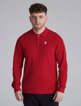 Manchester United Devil Essentials Long Sleeve Polo Shirt Red 2XL - Raw - FashionsVida