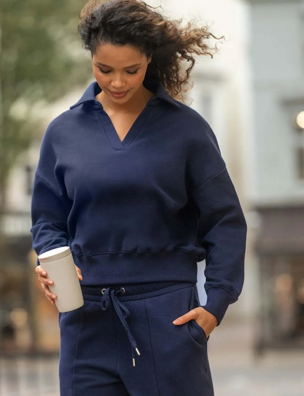Cotton Rich Collared Relaxed Fit Sweatshirt Navy female - Pour Moi - FashionsVida